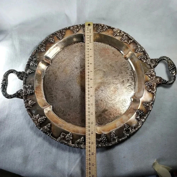 Silver Round Plate Tray With Handles and Grape Bunches Designs - Picture 2 of 5